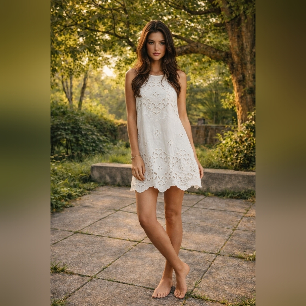 Free People One White Cutwork Eyelet Mini Dress | 100% Cotton .Large